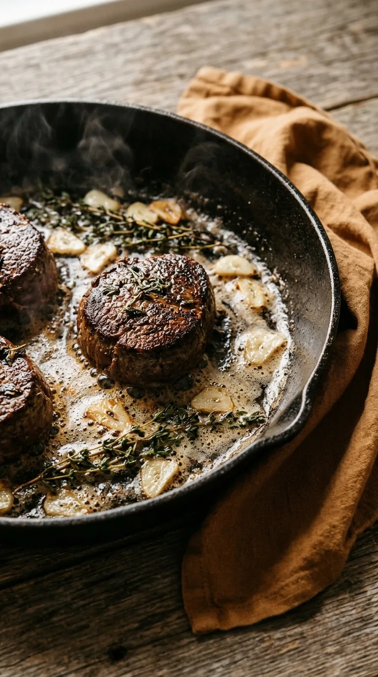 Beef Steak Medallions: Tenderloin with Red Grape-Juice Reduction – step 3: Baste with butter