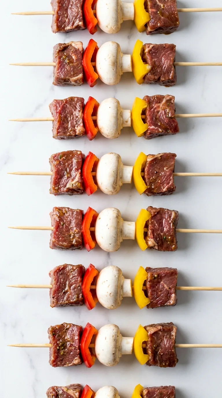 Beef Steak Kebab: Halal Sirloin with Soy-Worcestershire Glaze – step 6: Thread the skewers