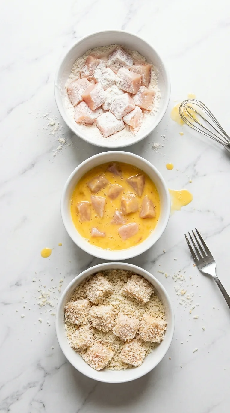 Chicken Breast Nuggets: Oven-Baked Crispy Appetisers – step 4: Dredge the nuggets
