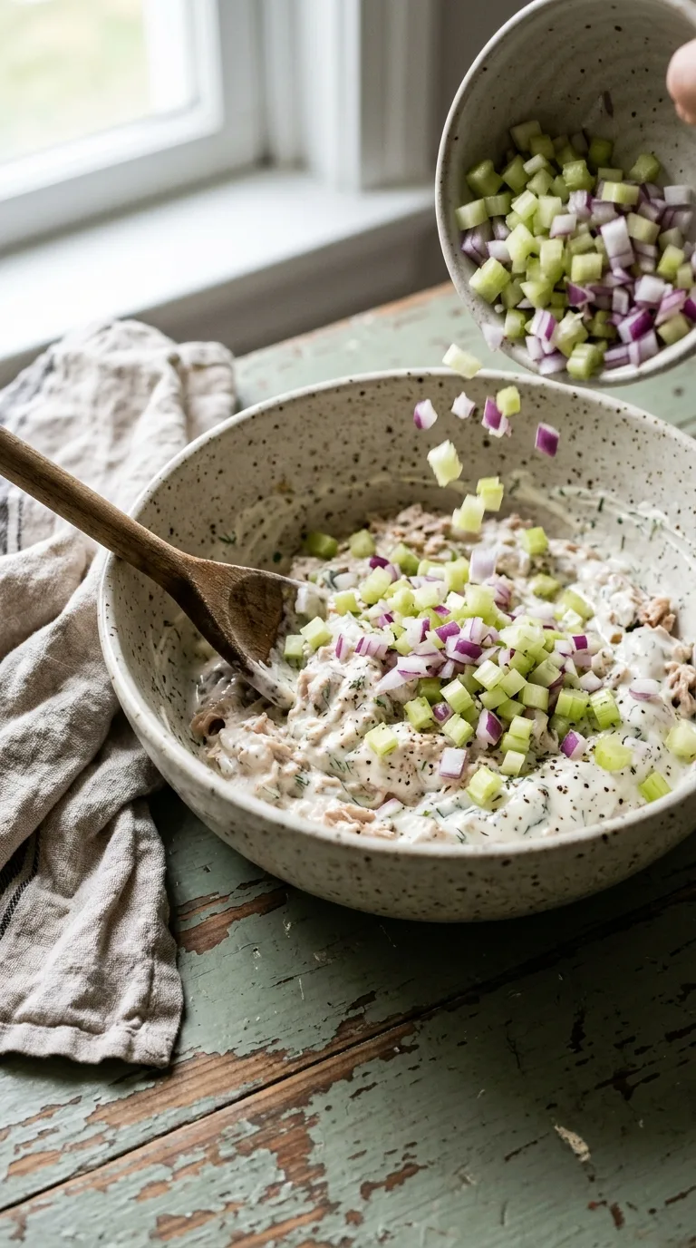 Tuna Salad with Greek Yogurt: High Protein Mediterranean Salad – step 4: Mix in vegetables