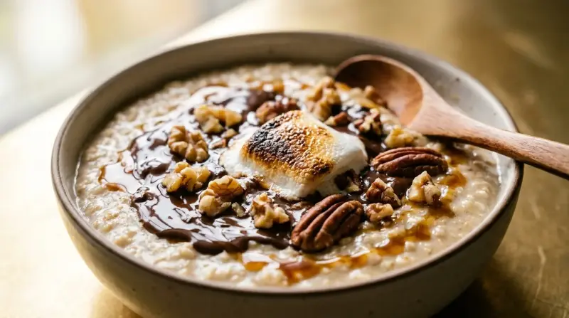A bowl of creamy protein oatmeal topped with melted chocolate, toasted marshmallow and crunchy nuts, photographed on a wooden table with natural light