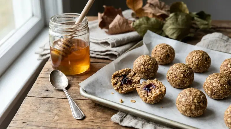 Close‑up of protein oatmeal balls on a parchment sheet with a drizzle of honey and a fork