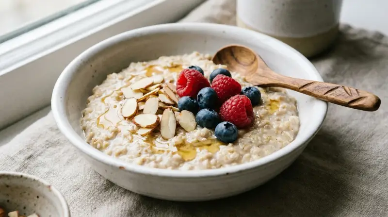 Bowl of creamy oatmeal topped with sliced almonds, berries and honey on a wooden table