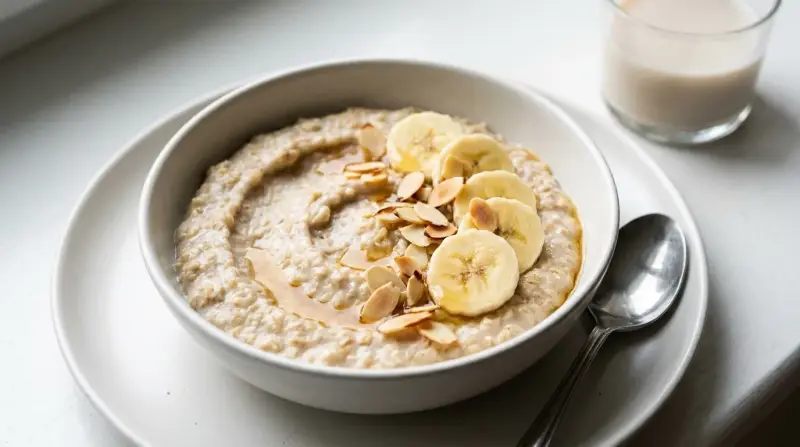 A steaming bowl of protein‑rich oatmeal topped with sliced banana, almonds, and a drizzle of honey