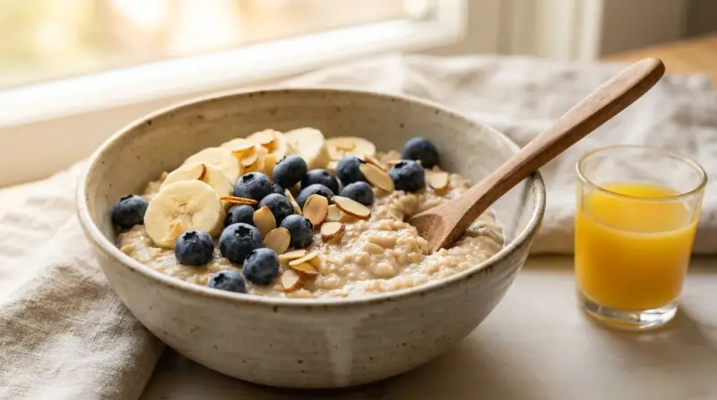 A bowl of protein oatmeal topped with berries, nuts, and a drizzle of honey