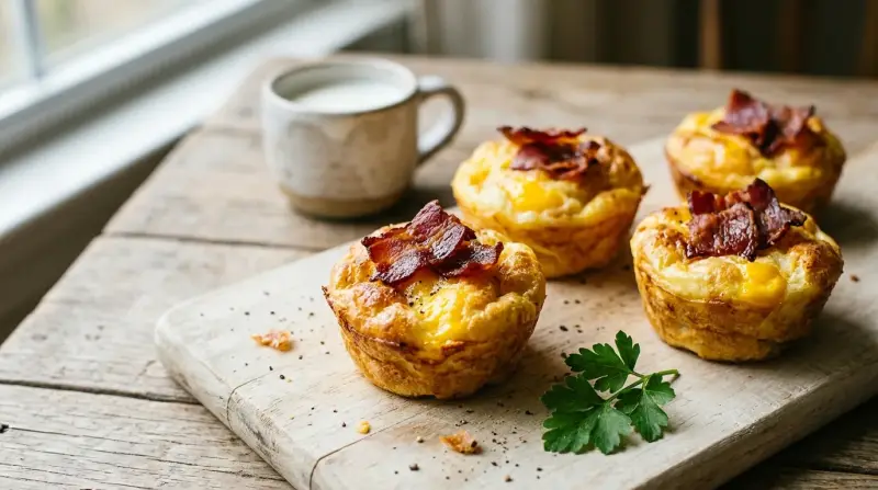 Four baked egg muffins with beef bacon on a wooden board, steam rising, beside a glass of milk