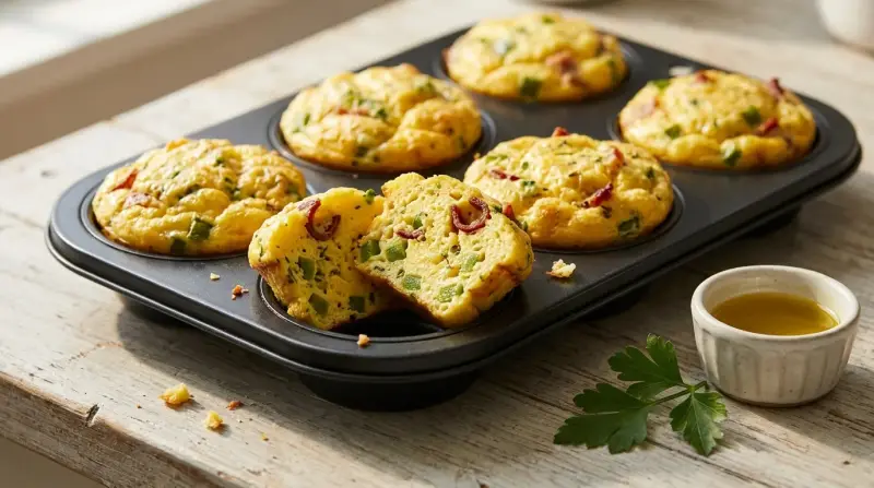 A freshly baked batch of golden egg muffins in a metal tin, steam rising, showing fluffy interior and crisp beef bacon bits