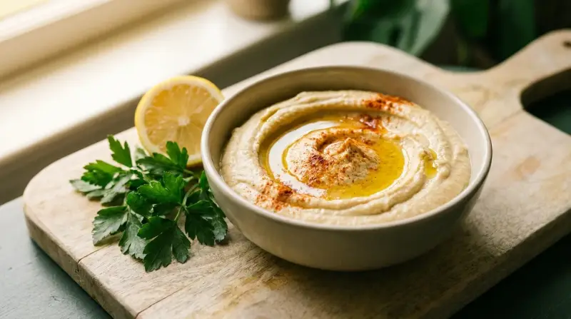 A creamy bowl of hummus garnished with paprika, olive oil drizzle, and fresh parsley on a wooden board