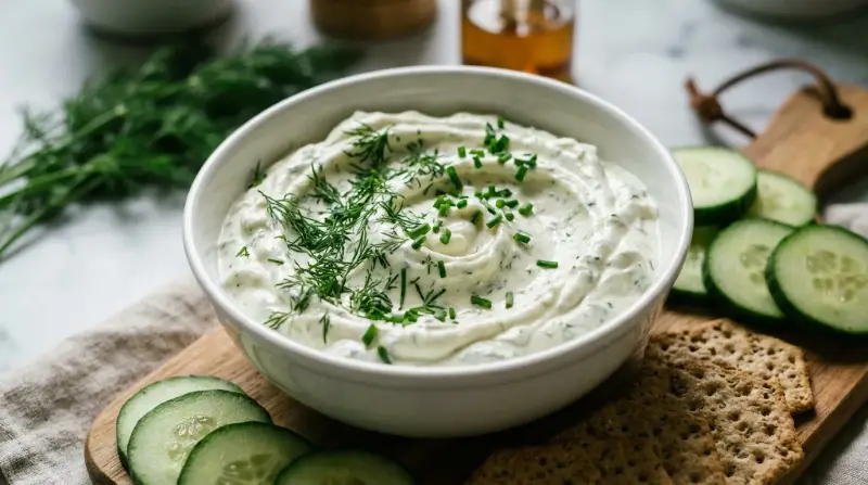 A creamy bowl of Greek yoghurt herb dip surrounded by cucumber sticks and whole‑grain crackers