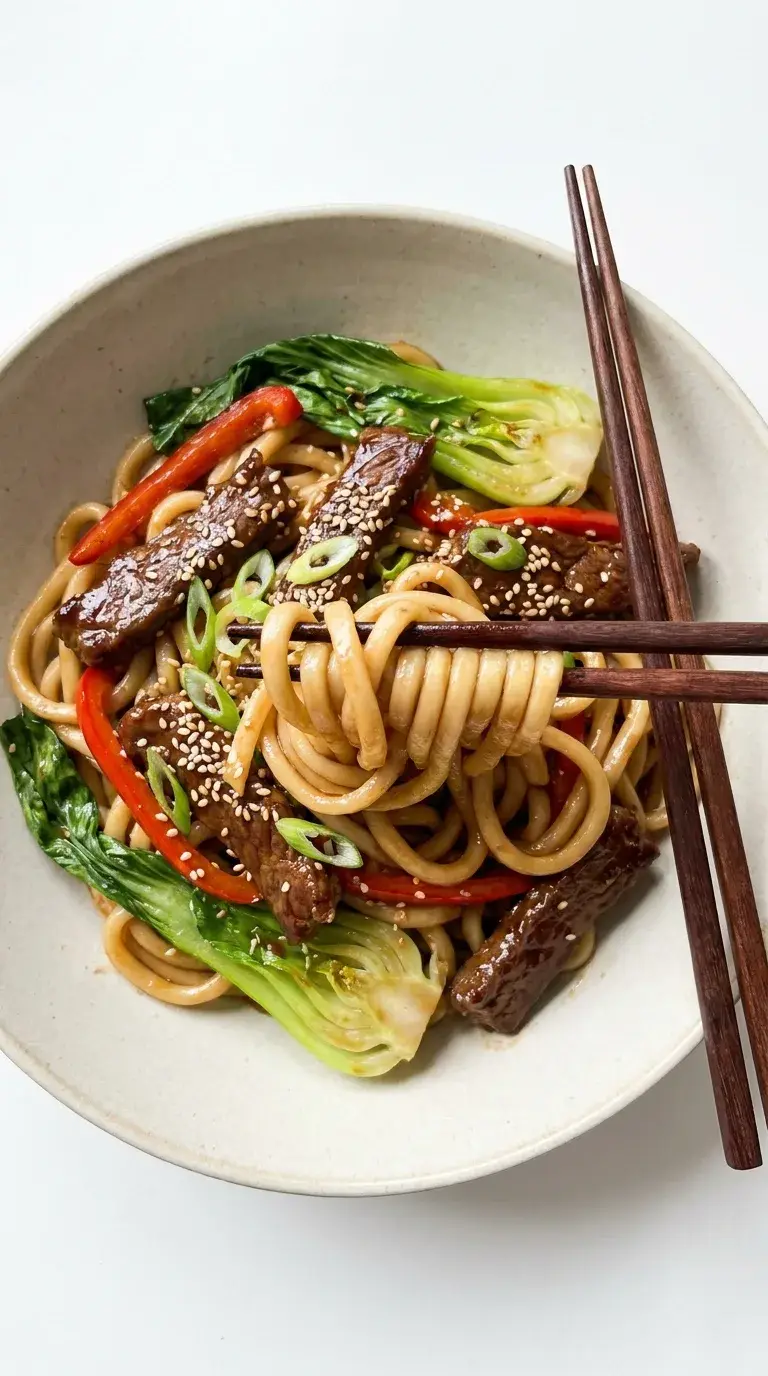 Beef Steak Udon: Asian Stir-Fry with Garlic-Ginger Sauce