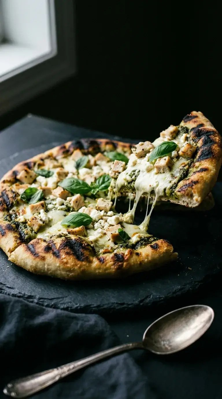 Grilled Pizza Flatbread: Halal Chicken and Pesto Pizza
