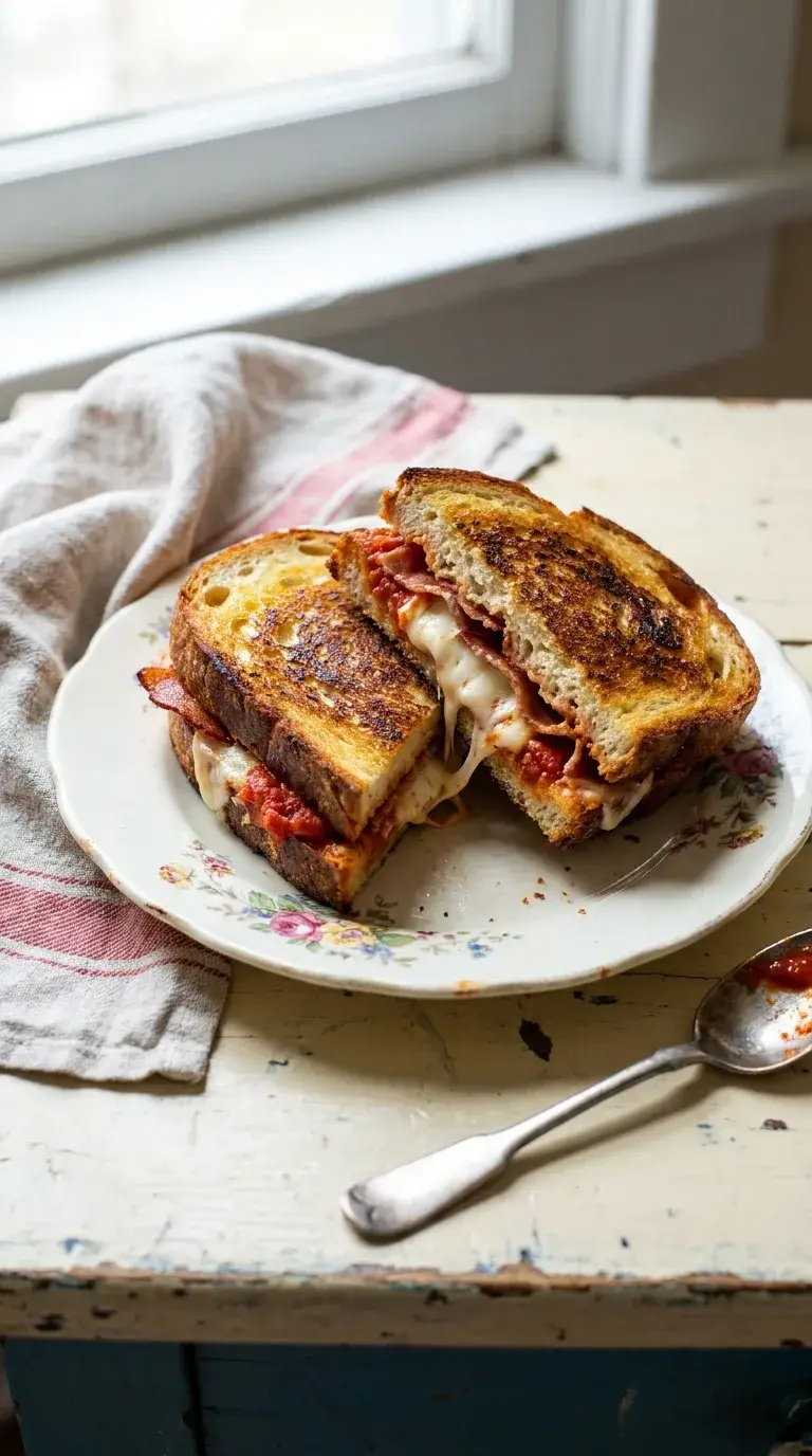 Grilled Pizza Sandwich: Toasted Bread with Turkey Bacon