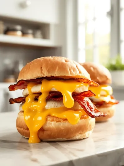 Breakfast Sliders with Turkey Bacon, Egg & Cheese