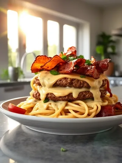 Loaded Turkey Bacon Cheeseburger Alfredo Pasta