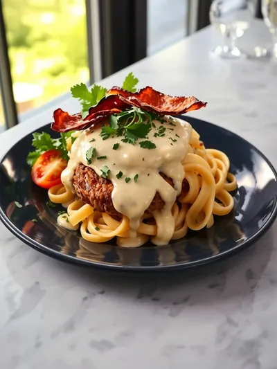 Loaded Turkey Bacon Cheeseburger Alfredo Pasta - ready to serve